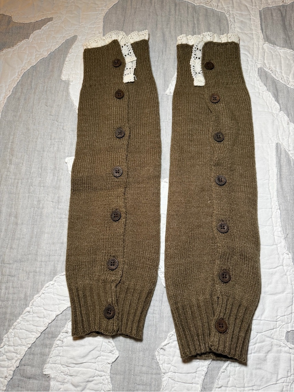 Olive Green Button-Front Knit Arm Warmers with Lace Trim